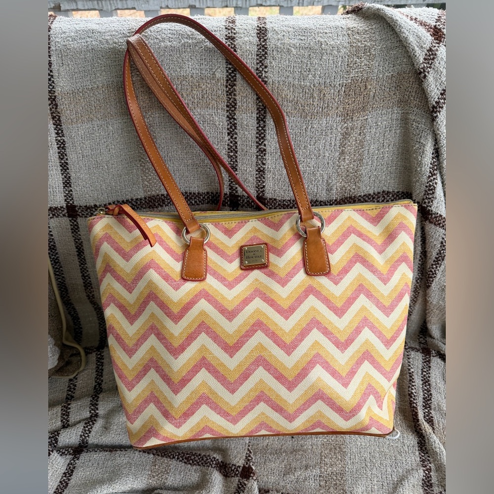 Dooney & Bourke Wren Pink and Yellow Chevron Zip Tote - Picture 2 of 10